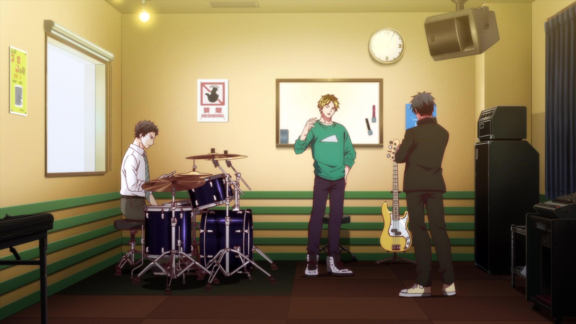 A scene from the anime Given Movie: Hiiragi Mix, featuring three characters in a music rehearsal space, with a drum set, guitar, and a bright, engaging atmosphere. HD desktop wallpaper.