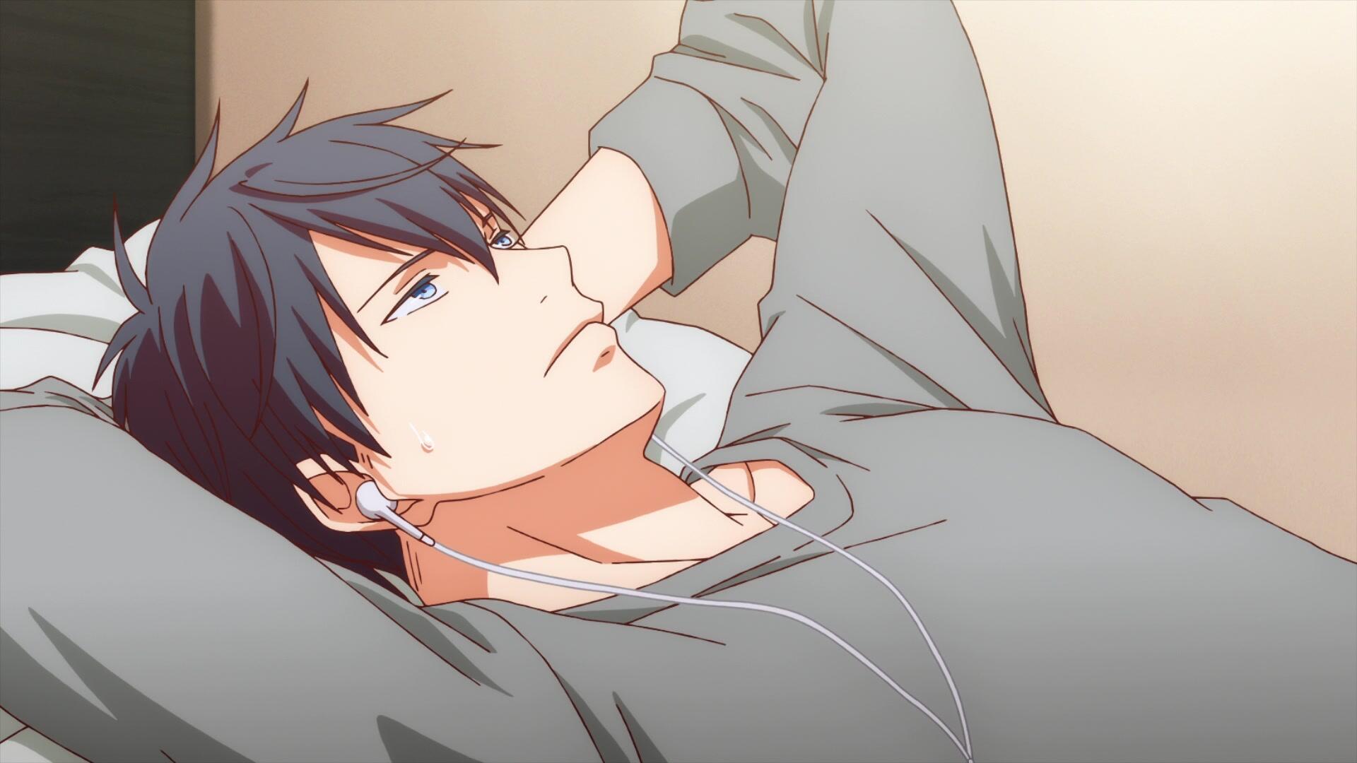 A character from the anime Given, Hiiragi Mix, is depicted lying back with headphones, lost in thought. This HD wallpaper offers a serene backdrop for any desktop.