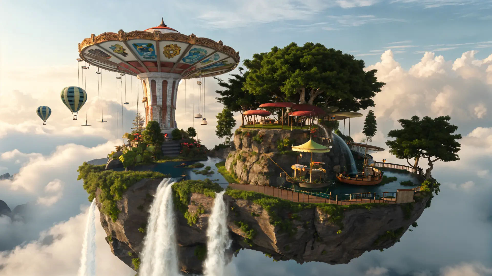 A whimsical flying island features a carousel, lush greenery, and cascading waterfalls, set against a backdrop of blue skies and floating hot air balloons, presented as a stunning 4K Ultra HD wallpaper.