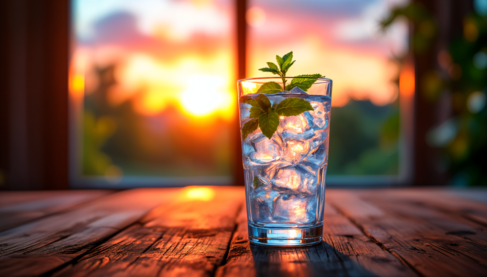 A refreshing cold drink with ice and mint sits on a wooden table, illuminated by a vibrant sunset, showcasing a beautiful 4K Ultra HD backdrop.