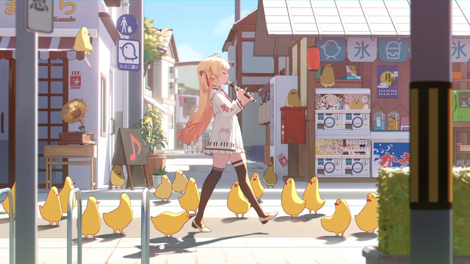 Otonose Kanade, a Virtual YouTuber anime girl, walks through a sunny town street surrounded by yellow chicks in this vibrant 4K Ultra HD PC desktop wallpaper.