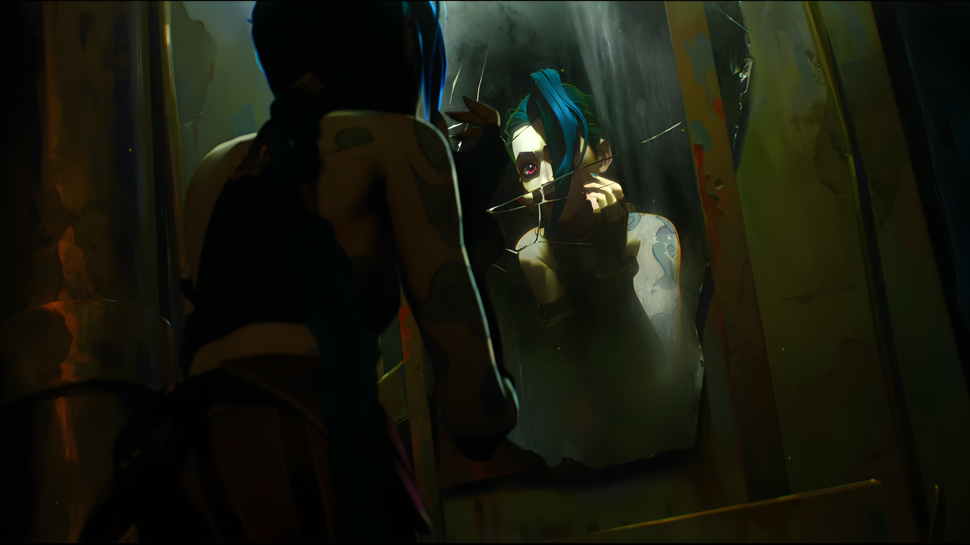 A striking 4K Ultra HD image from Arcane, featuring Jinx from League of Legends gazing into a mirror, showcasing her intense and chaotic spirit in the animated series.
