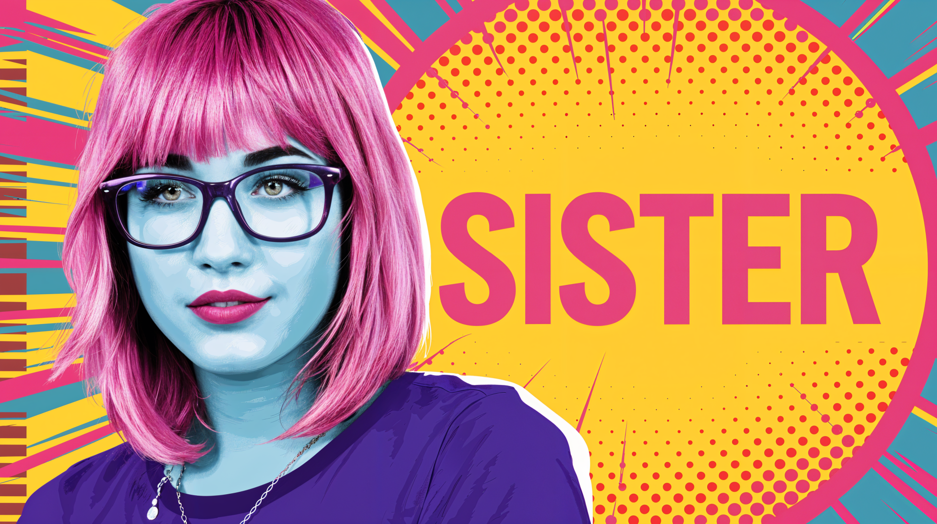 A vibrant 4K Ultra HD wallpaper featuring a girl with pink hair and glasses, with the word SISTER boldly displayed against a colorful, expressive background.