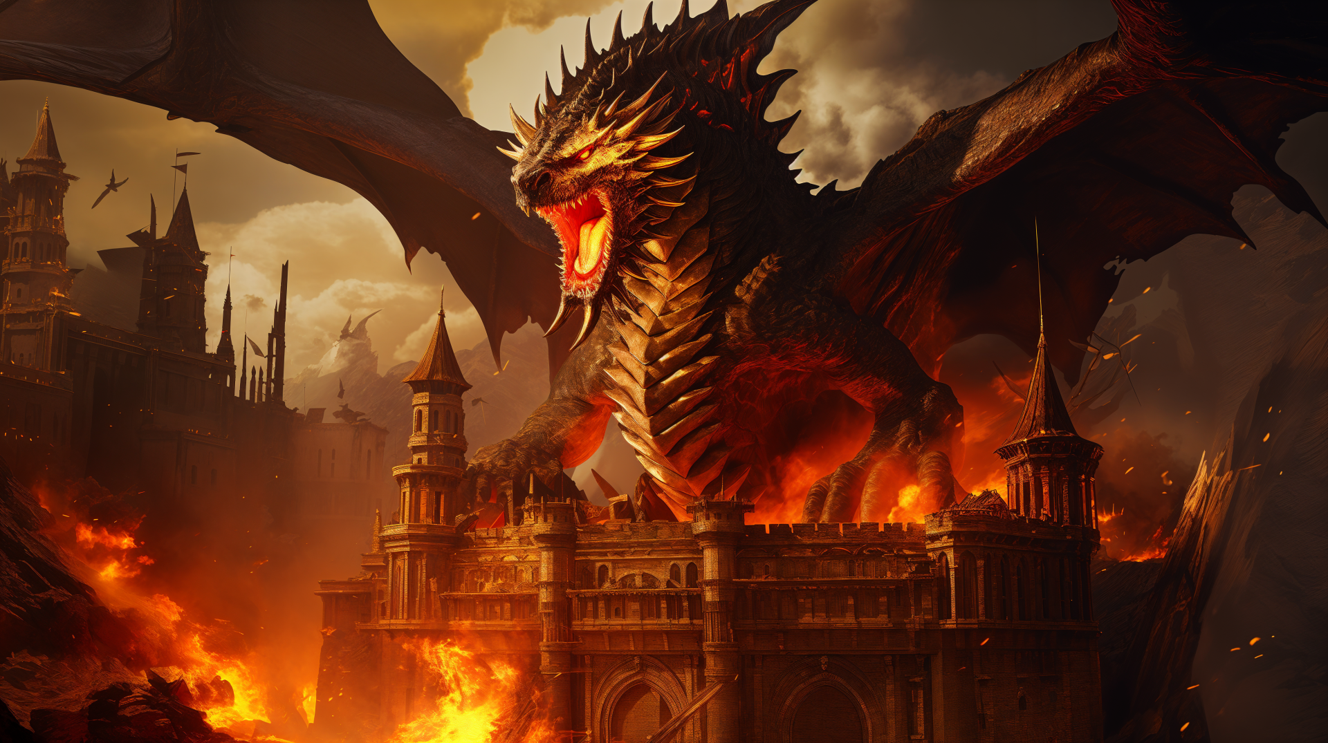 A fierce dragon looms over a burning castle, surrounded by smoke and fire, set in a dramatic fantasy landscape. This vibrant 4K Ultra HD image captures a powerful scene.