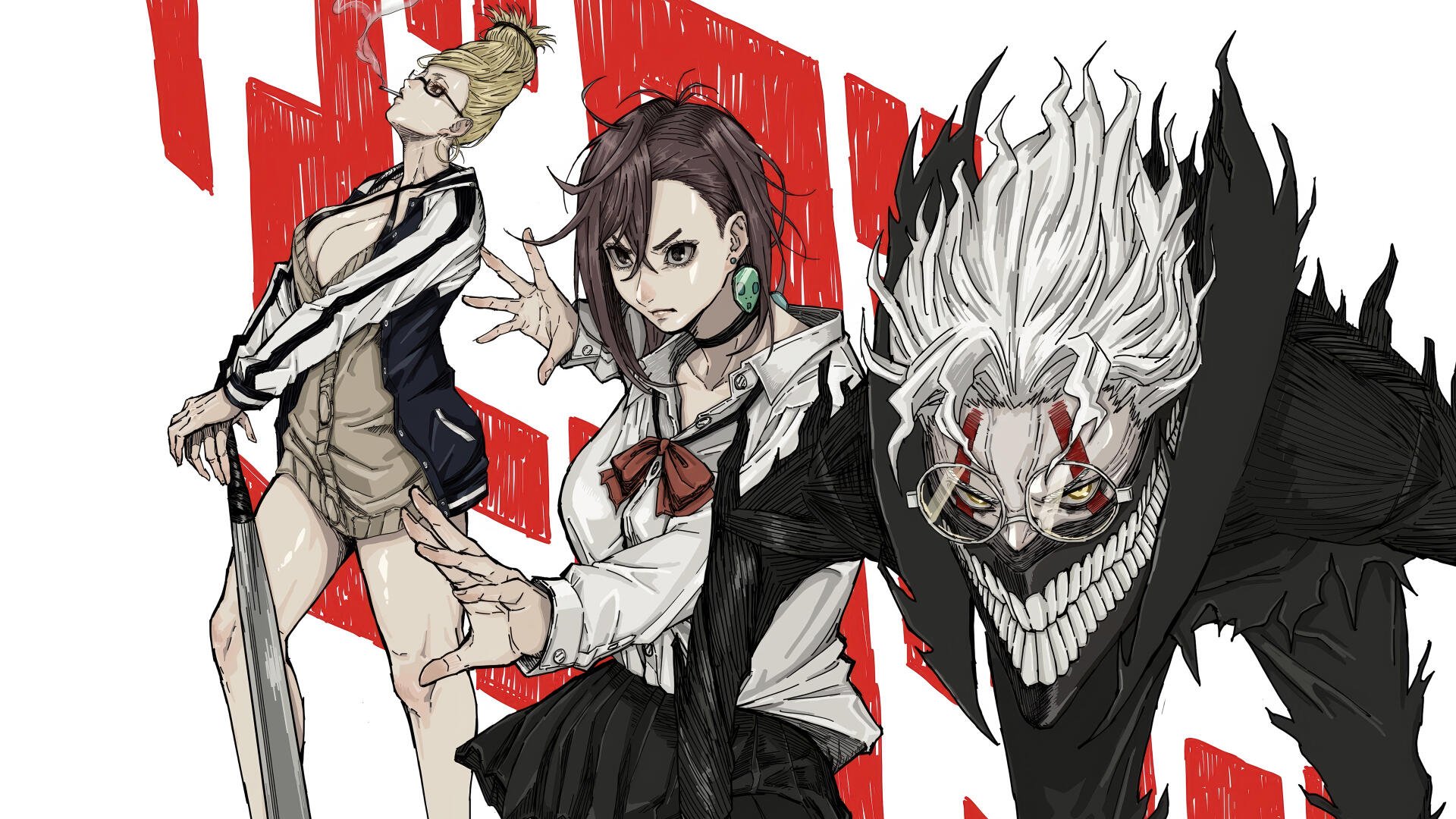 Dandadan characters showcased in dynamic poses, rendered in vibrant detail for a 4K Ultra HD PC desktop wallpaper and background.