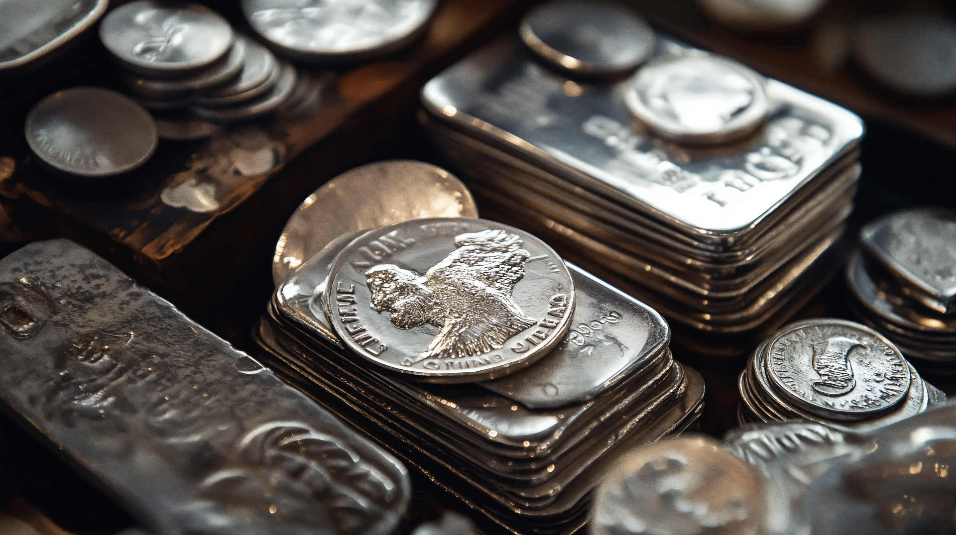 Close-up of assorted silver coins and bars arranged together, showcasing their intricate details. This 4K Ultra HD image serves as a striking desktop wallpaper or background.