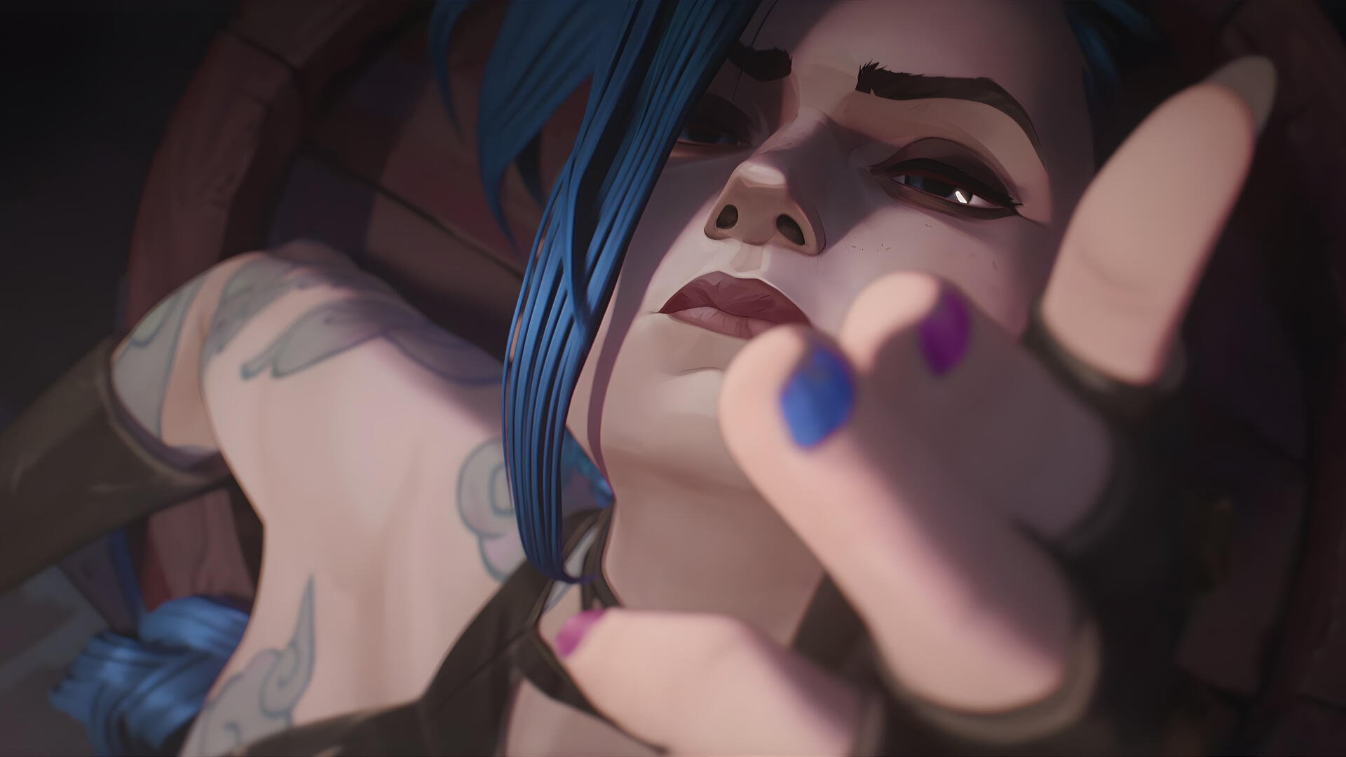 4K Ultra HD PC wallpaper featuring Jinx from League of Legends in a close-up scene from Arcane Season 2, highlighting her intense expression and blue hair.