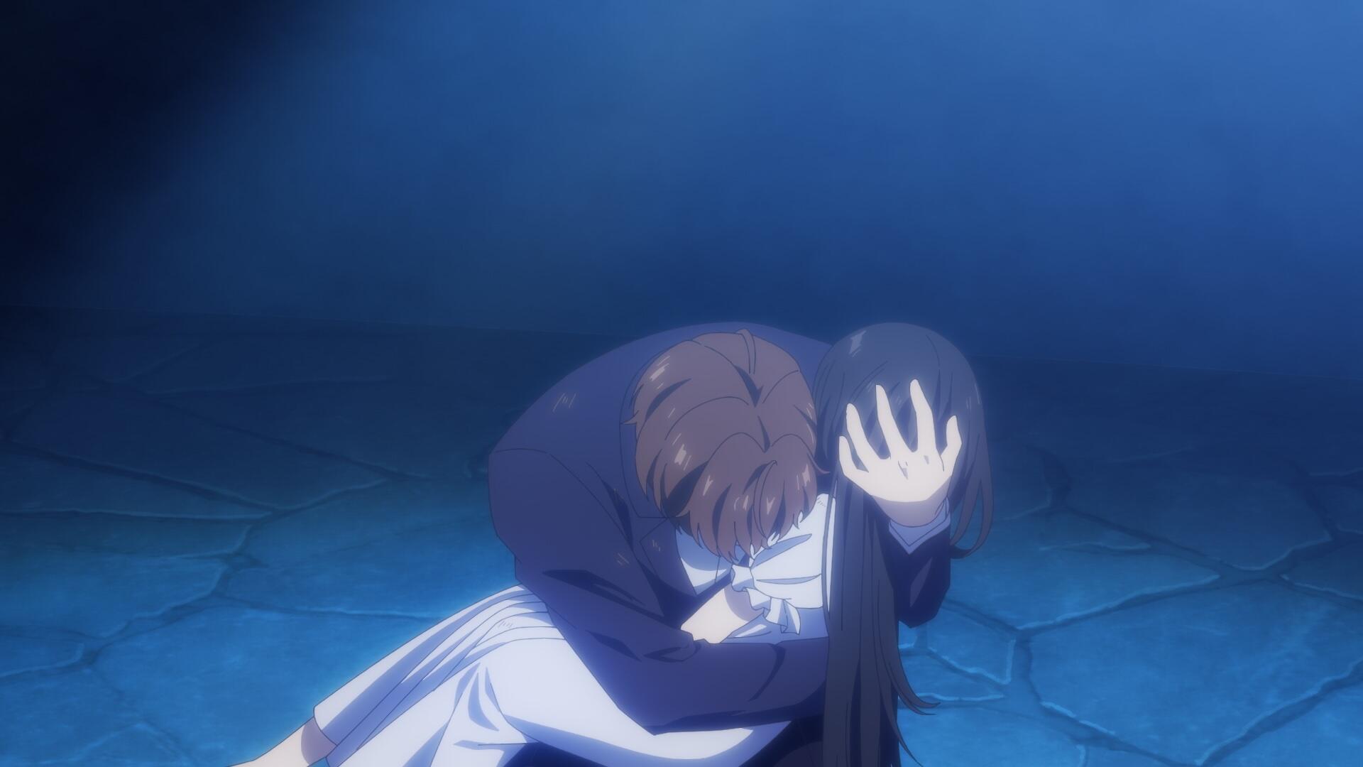 Anime scene from Unnamed Memory showing a tender moment between two characters under soft blue lighting, featured as an HD PC desktop wallpaper and background.