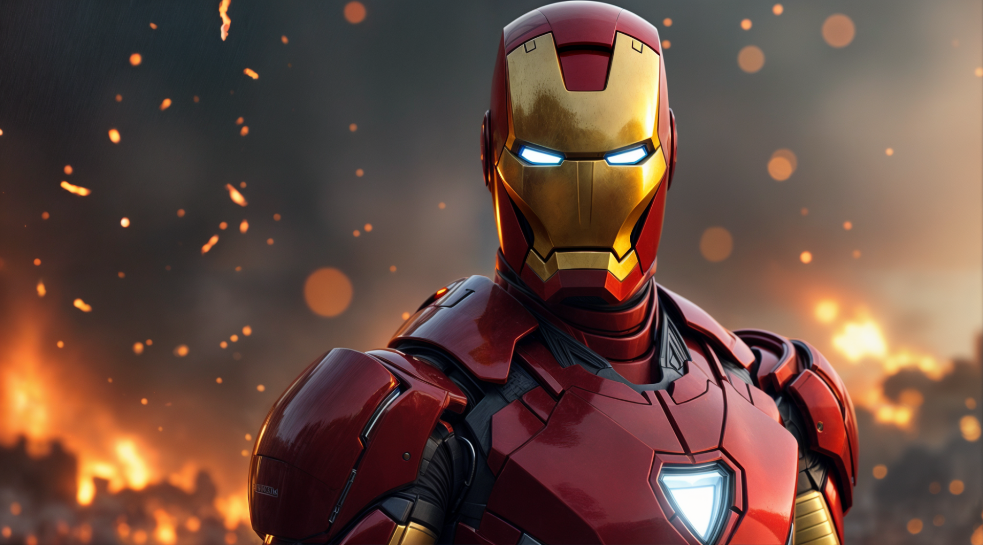 HD PC desktop wallpaper featuring Iron Man in his iconic suit from Iron Man 2 and Iron Man 3, glowing eyes and arc reactor, surrounded by sparks and a smoky background.