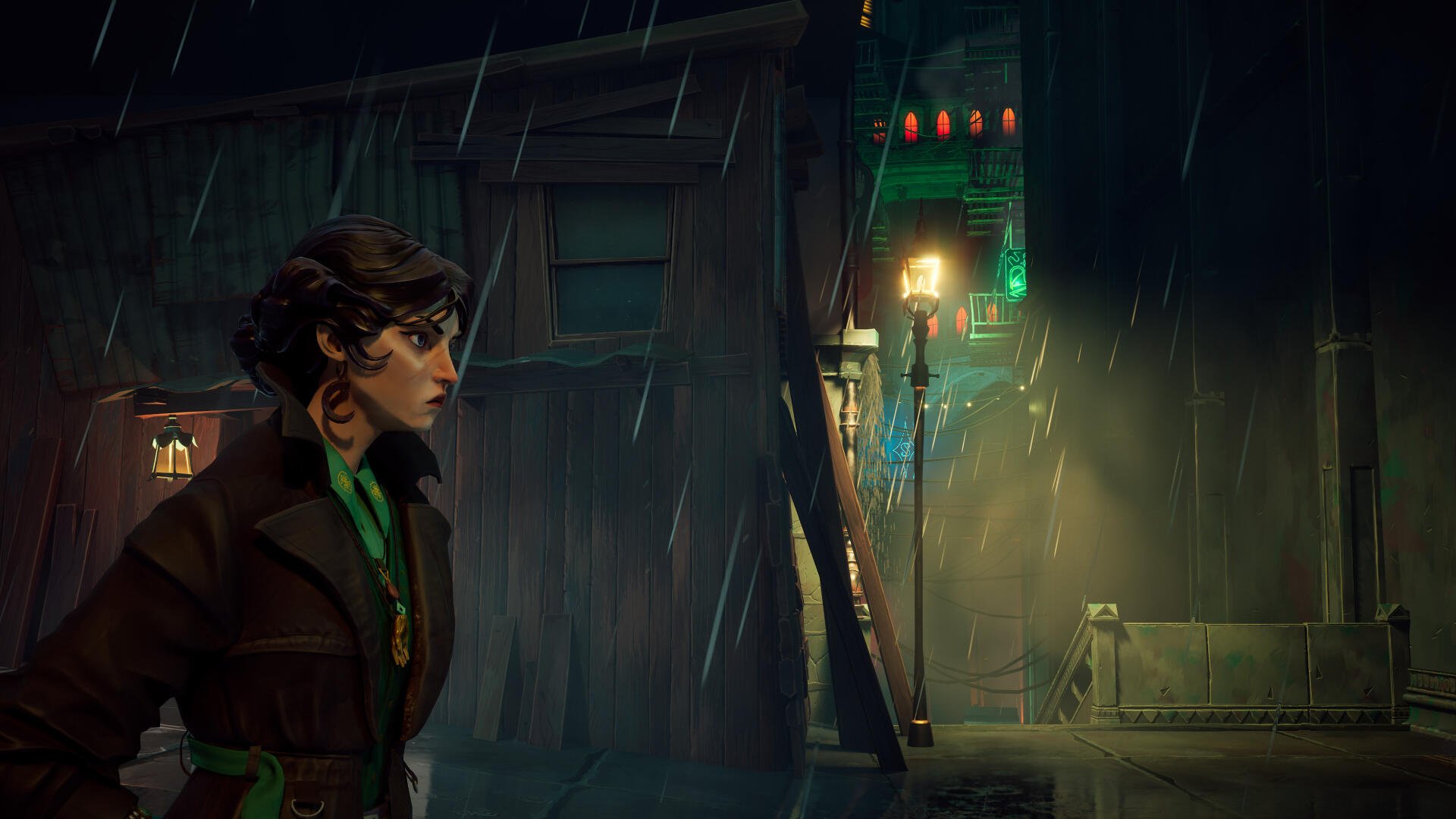 A character stands in the rain, gazing at a vibrant urban scene illuminated by neon lights, embodying the atmosphere of the video game Sleight of Hand. 4K Ultra HD wallpaper.