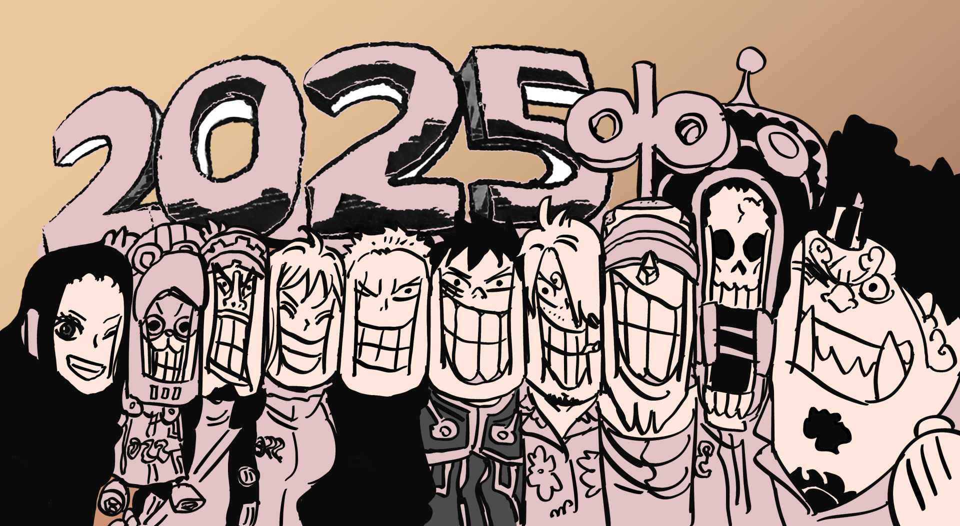 A 4K Ultra HD PC desktop wallpaper featuring stylized black-and-white sketches of One Piece characters with 2025 in bold, playful lettering in the background.
