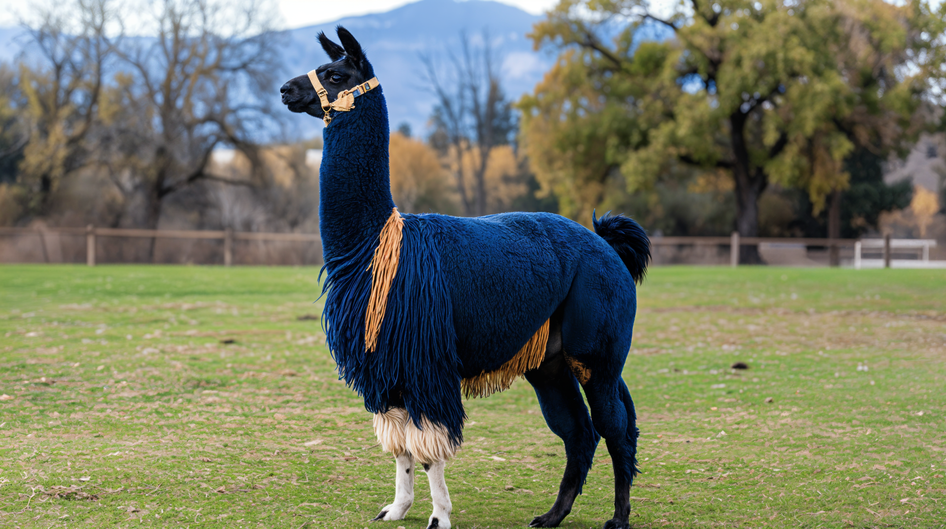 A vibrant llama stands in a grassy field, showcasing a striking blue and cream coat, set against a backdrop of mountains and trees. This 4K Ultra HD wallpaper captures its majestic presence.