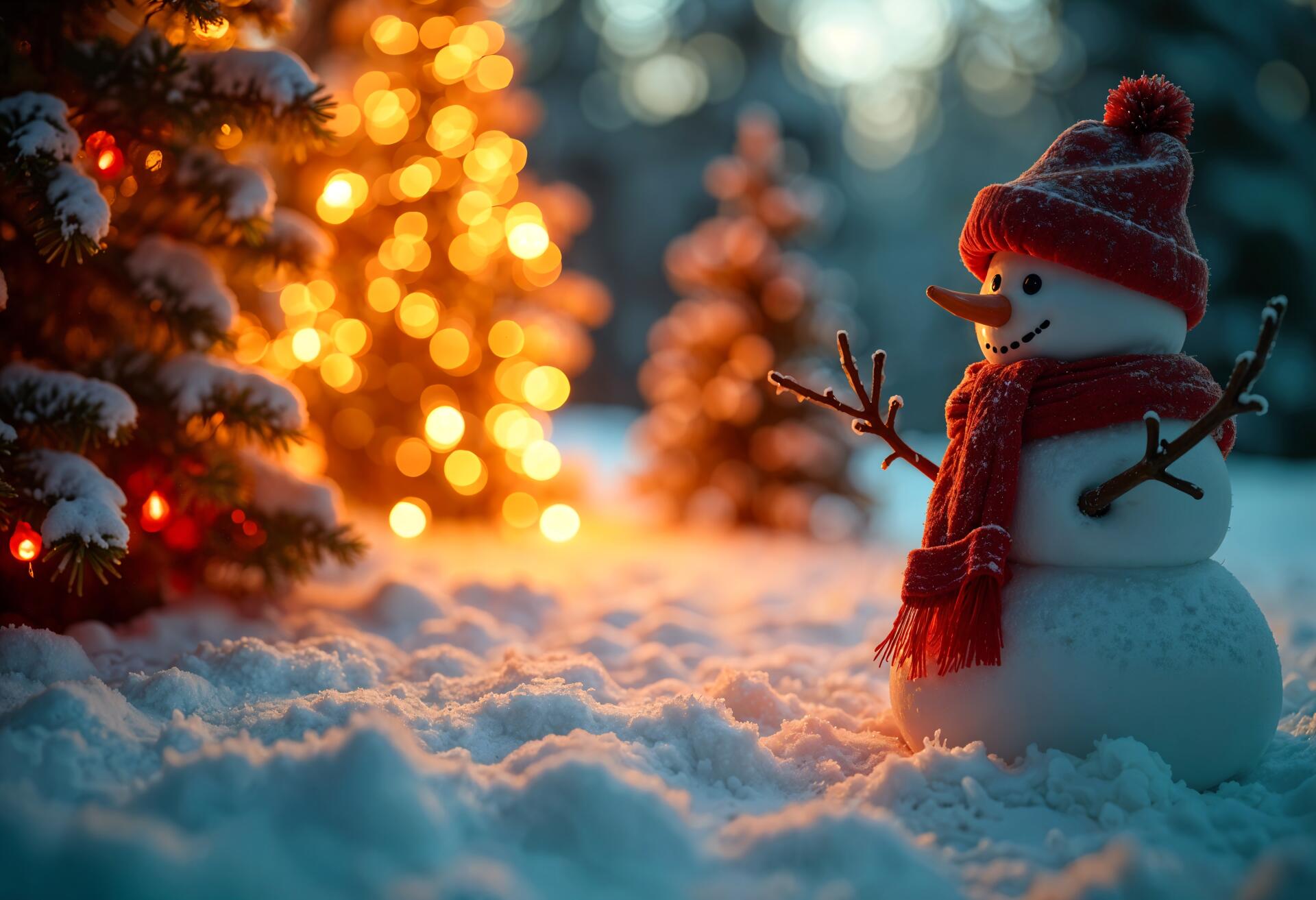 A festive snowman wearing a red hat and scarf stands on snow, surrounded by Christmas trees illuminated with warm holiday lights, captured in a 4K Ultra HD winter scene.