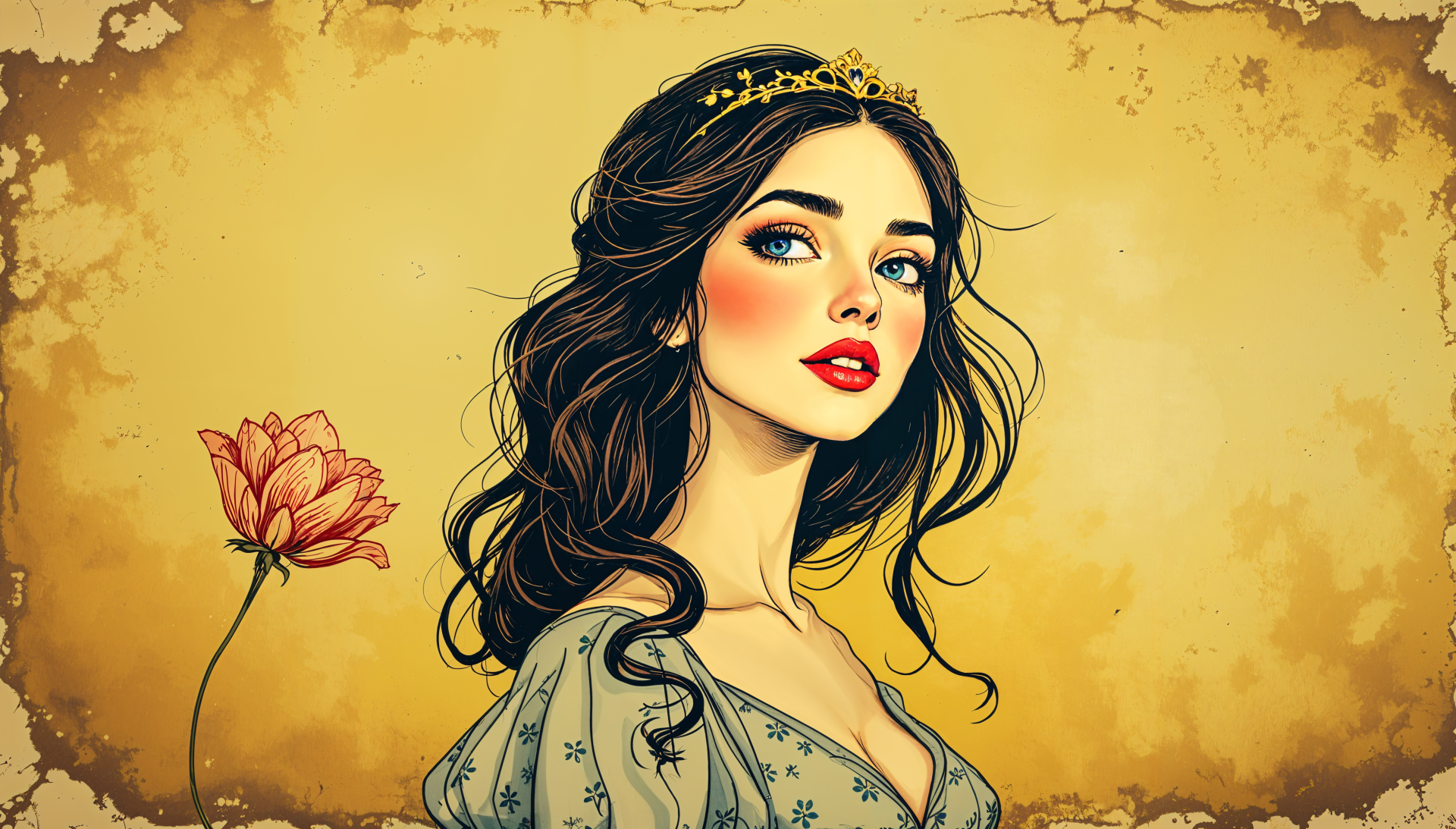 Portrait of a woman resembling Snow White wearing a crown, with delicate flowers in her hair, rendered in 4K Ultra HD as a PC desktop wallpaper background.