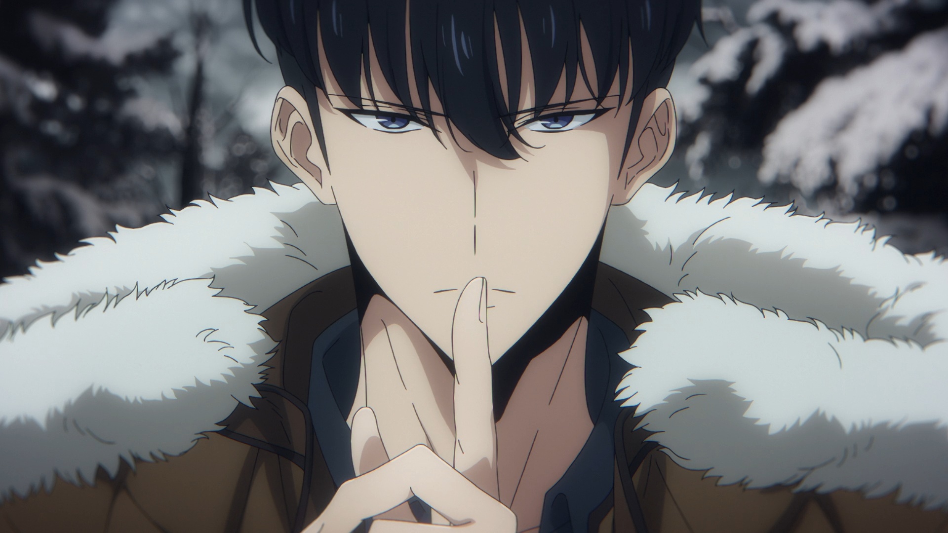 HD anime desktop wallpaper featuring Sung Jin-Woo from Solo Leveling, depicted in a winter scene with a serious expression and dark hair.