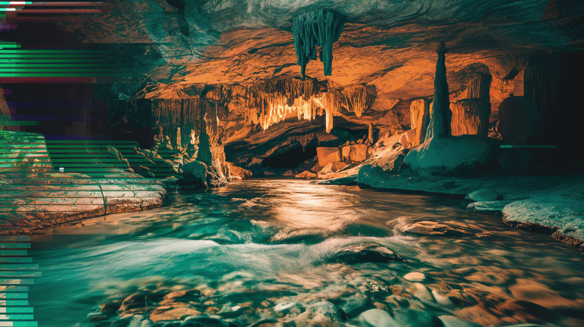 A stunning underground river flows beneath a rocky ceiling adorned with stalactites, illuminated by warm tones, creating a captivating 4K Ultra HD desktop wallpaper.