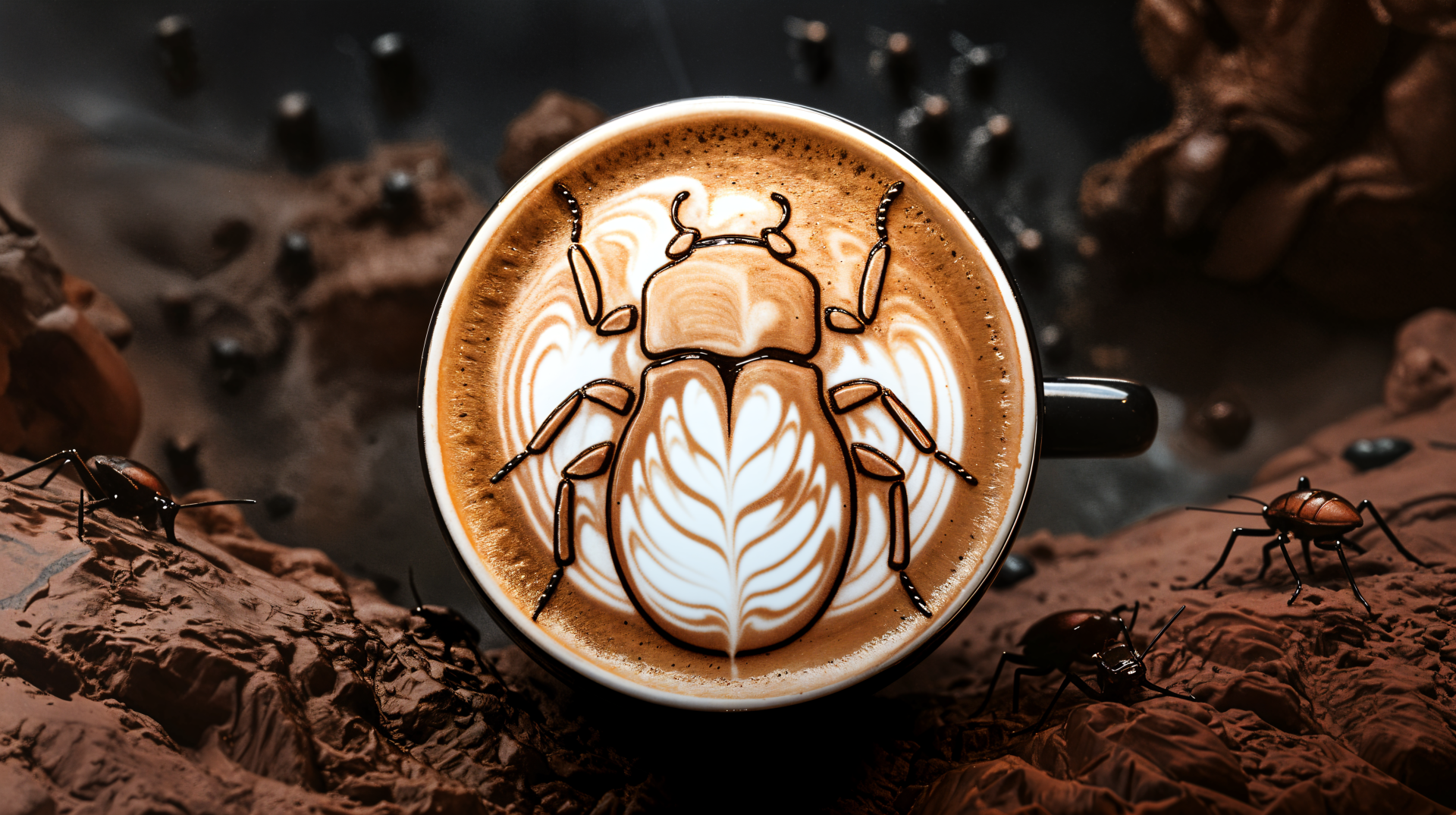 A close-up of latte art featuring a detailed beetle design atop creamy milk in a black coffee cup, set against a rich, textured background, suitable as a 4K Ultra HD desktop wallpaper.