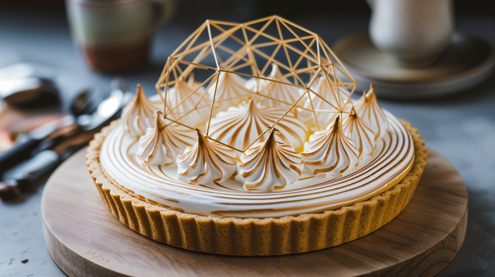 A beautifully crafted lemon meringue pie on a wooden platter, featuring intricate meringue swirls and a decorative dome. This 4K Ultra HD wallpaper showcases culinary elegance.