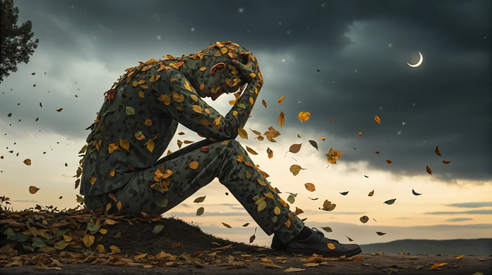 A contemplative figure made of leaves sits with its head down, surrounded by falling autumn foliage under a dramatic sky, creating an evocative atmosphere. This is a 4K Ultra HD PC desktop wallpaper.