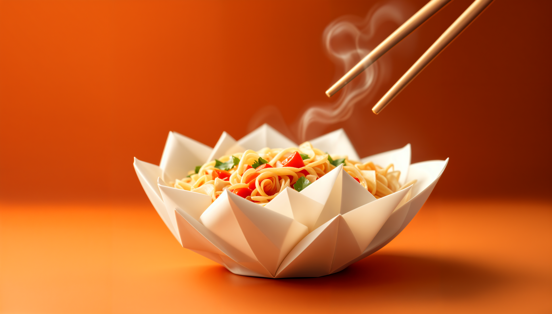 Steaming stir-fry noodles served in a unique origami-style bowl with chopsticks hovering above, captured in vibrant 4K Ultra HD for a PC desktop wallpaper.
