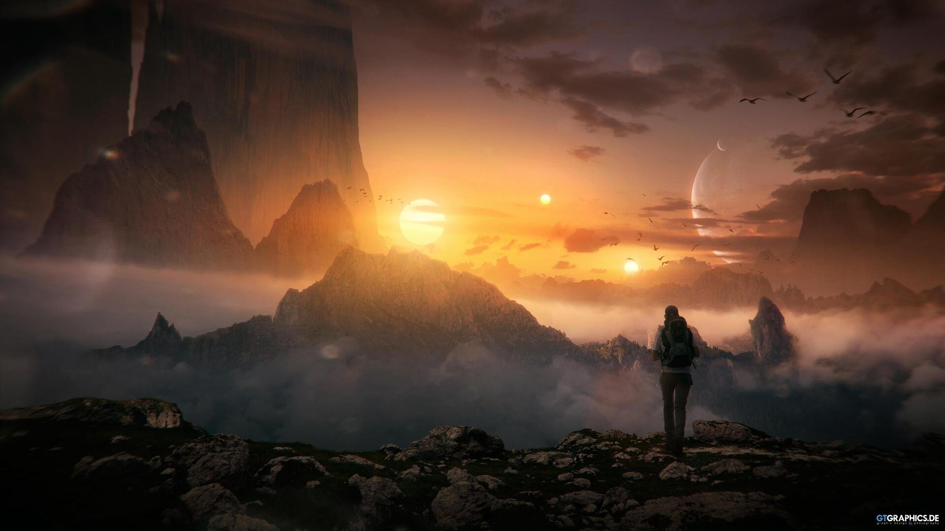 Download Sci Fi Landscape Mountain Sun Person 4k Ultra HD Wallpaper by Tobias Roetsch