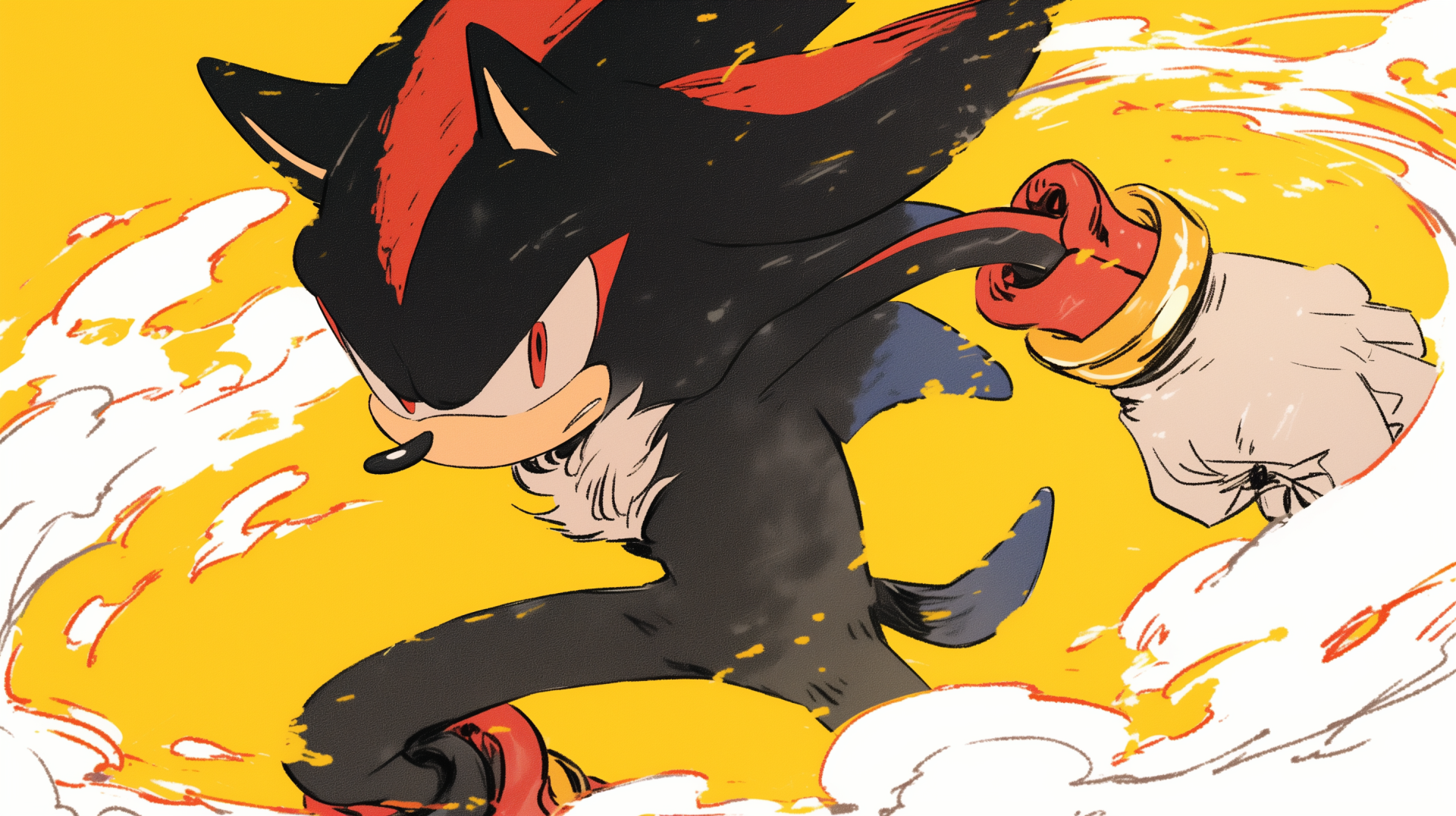 A dynamic HD wallpaper featuring Shadow the Hedgehog from the video game series, showcasing his fierce expression and action pose against a vibrant yellow background.