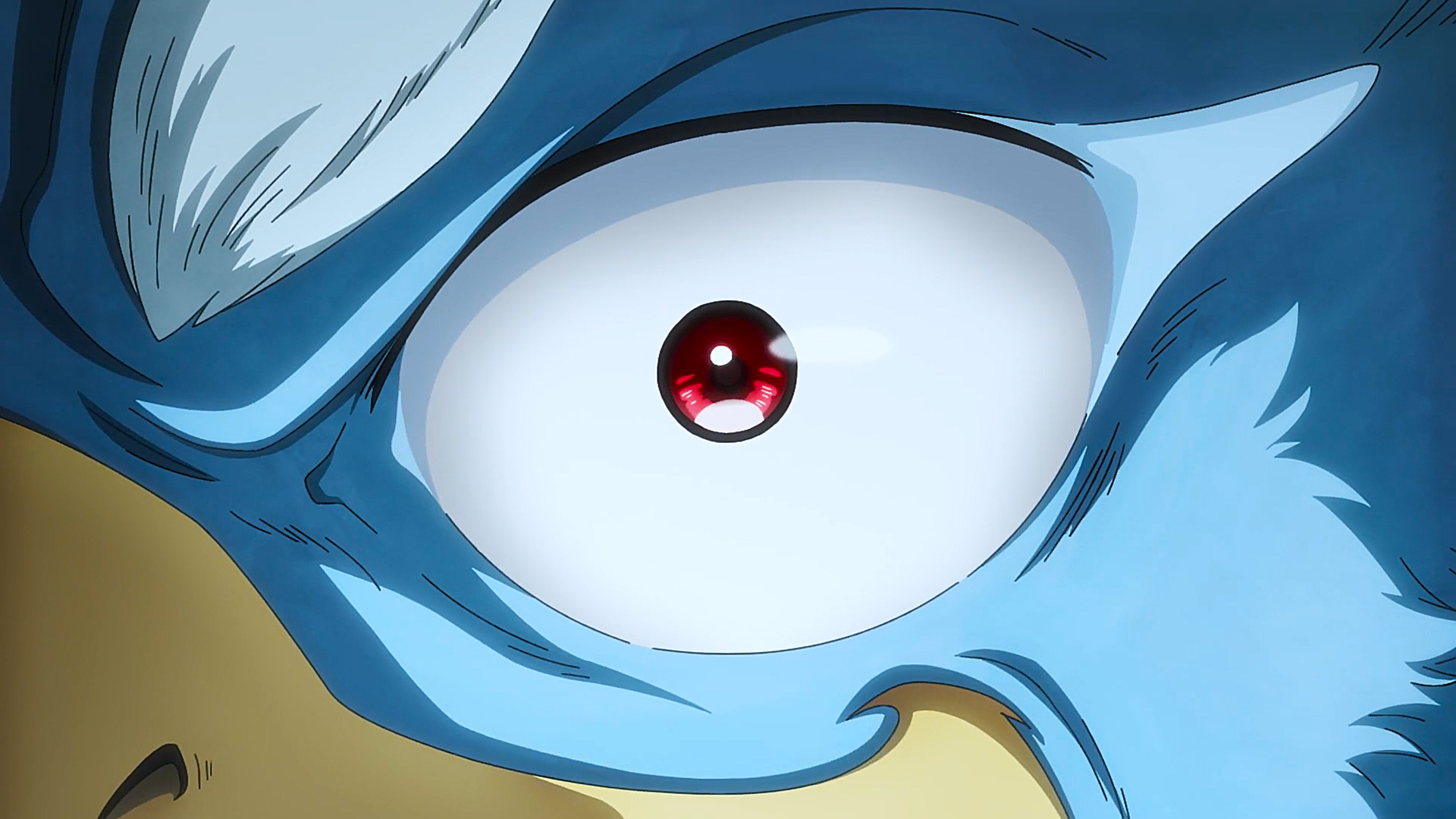 Close-up of an intense anime character's eye from Shangri-la Frontier, featuring striking red and blue colors, set against a vibrant 4K Ultra HD background.