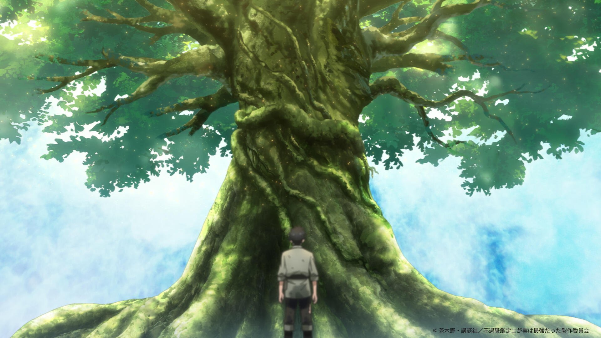 A character stands before a massive, ancient tree, embodying themes of growth and discovery from the anime Even Given the Worthless Appraiser Class, I'm Actually the Strongest.