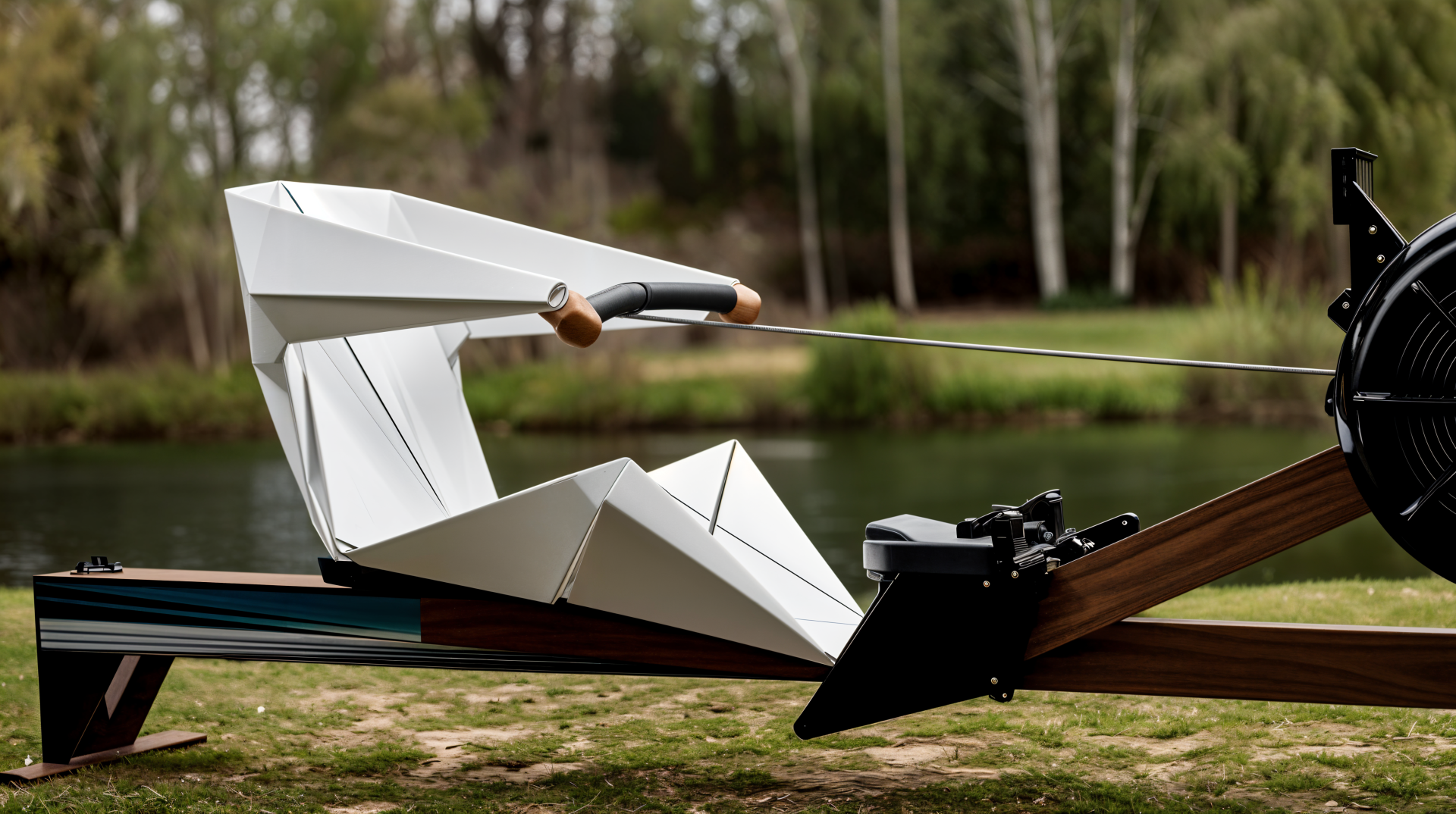 4K Ultra HD desktop wallpaper showing a modern rowing machine designed like a sleek paper boat by a lake with a blurred forest background.
