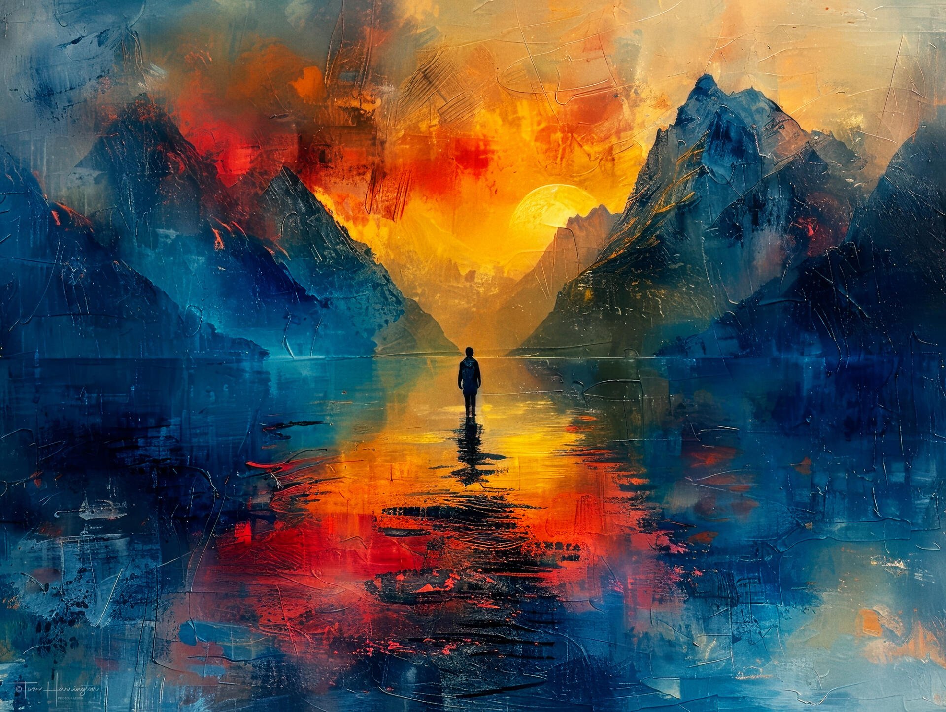 Artistic painted HD PC desktop wallpaper: a lone figure standing on reflective water at sunset between towering blue mountains, vivid orange and teal sky.