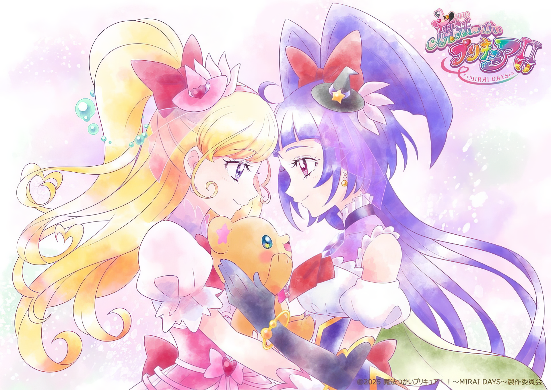 Anime-inspired HD wallpaper from Witchy PreCure! Mirai Days, featuring two magical girls embracing with a soft, colorful background and a teddy bear in between them.