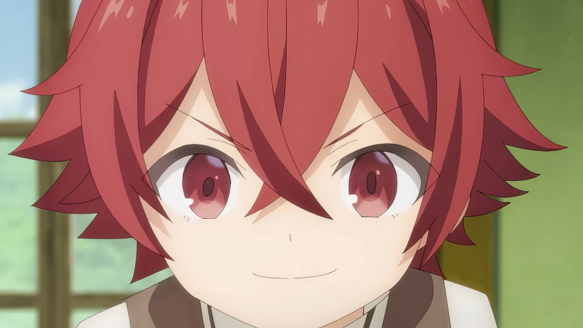 A vibrant HD desktop wallpaper featuring a character from the anime Magic Maker: Isekai Mahou no Tsukurikata, showcasing a confident expression and striking red hair.