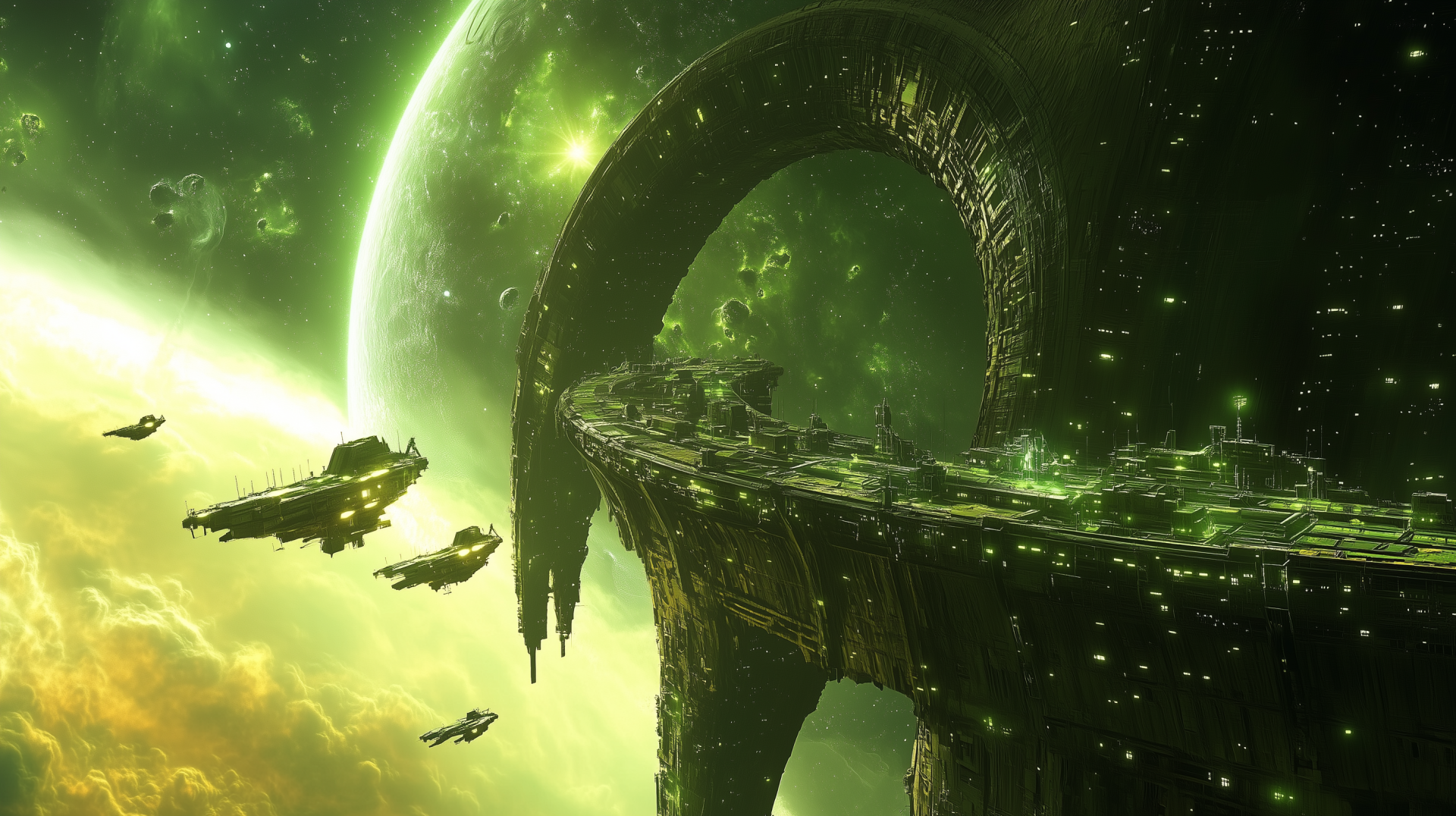 HD sci-fi desktop wallpaper featuring a green-hued space station orbiting a planet, surrounded by spacecraft in a deep space environment.