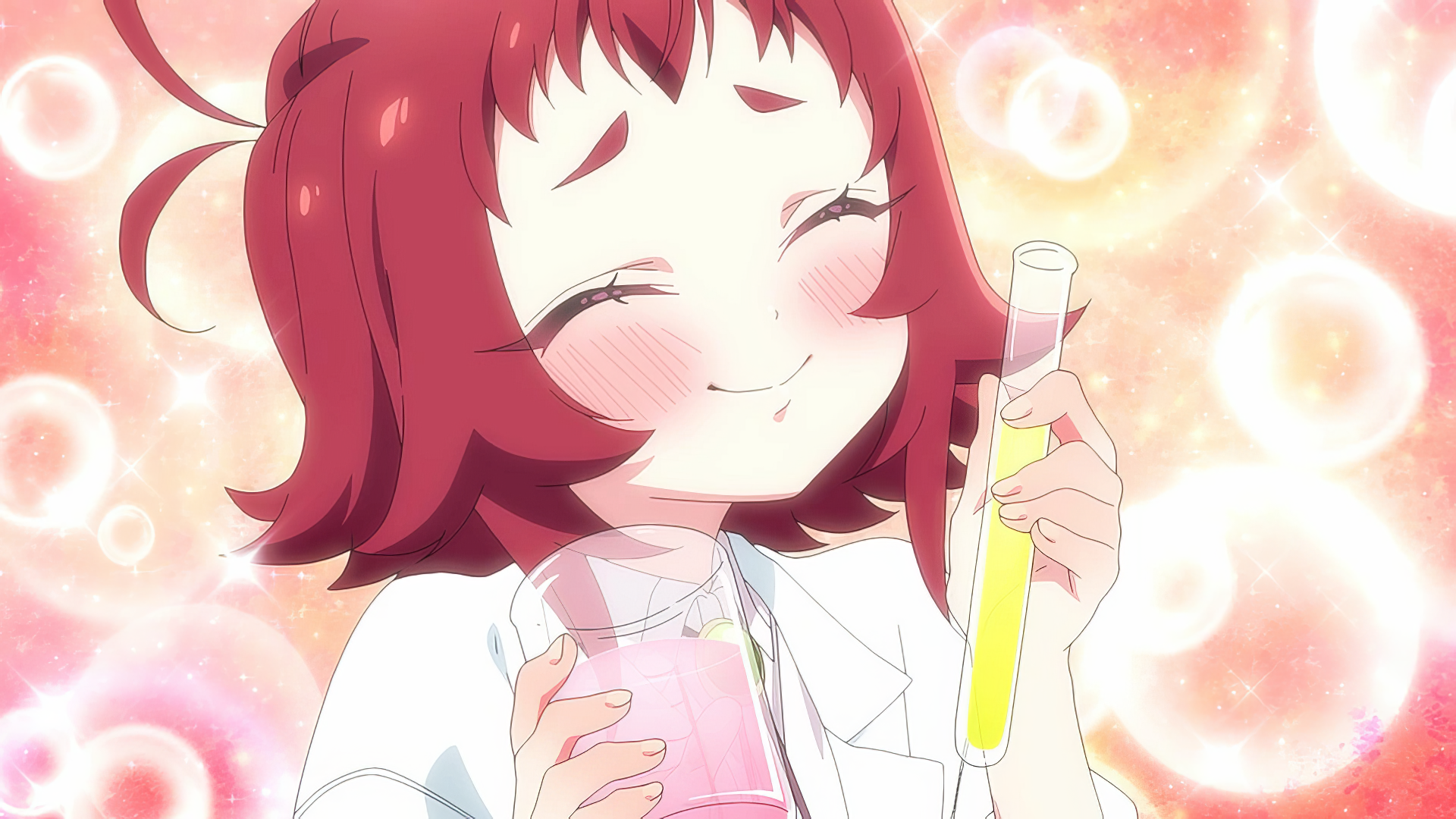 A cheerful anime character from The 100 Girlfriends Who Really Really Really Really Really Love You holds colorful liquids in a lab, surrounded by a vibrant, cheerful background. HD desktop wallpaper.