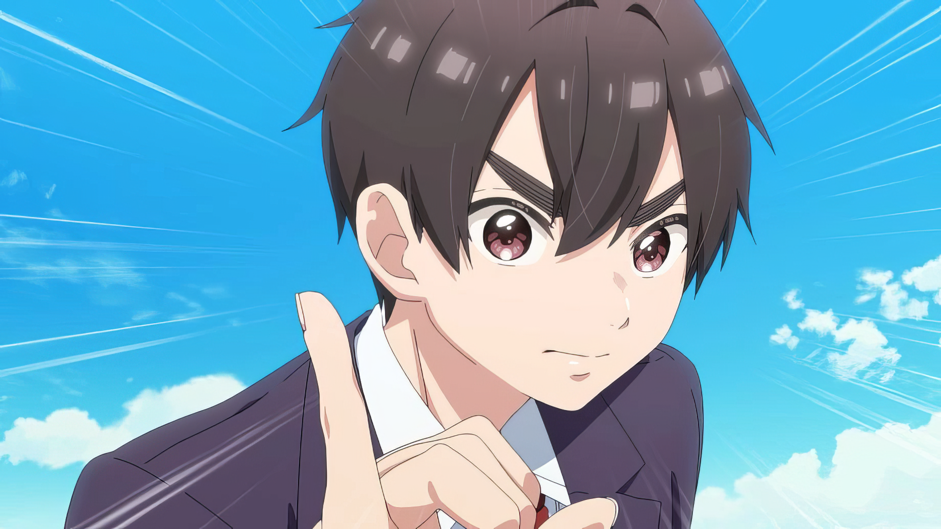 A vibrant HD anime wallpaper featuring a character from The 100 Girlfriends Who Really Really Really Really Really Love You, showcasing an energetic expression against a bright blue sky.