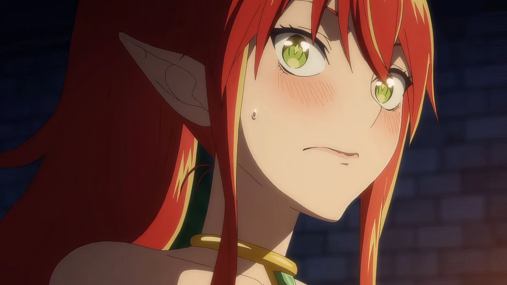 An anime character with vibrant red hair and green eyes looks intently, featuring a blush on her cheeks. This HD image serves as a striking desktop wallpaper from Headhunted to Another World.
