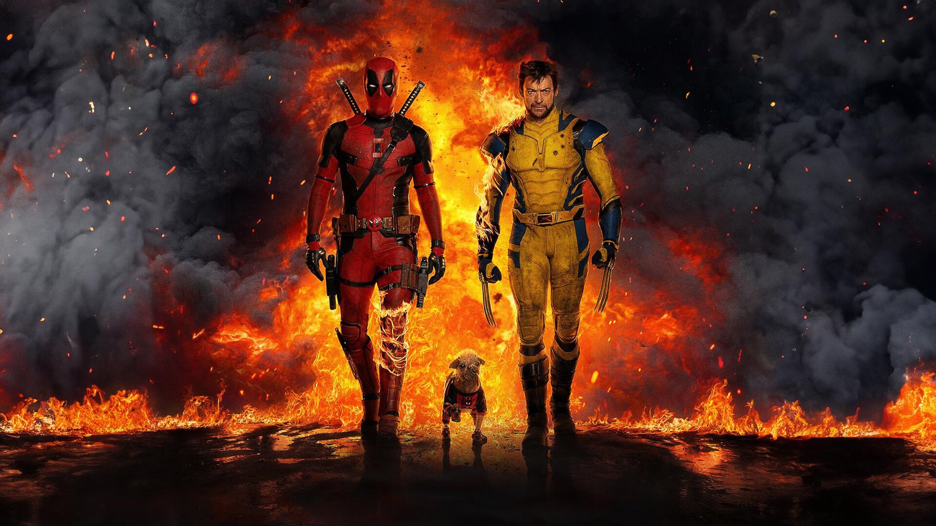 4K Ultra HD PC desktop wallpaper featuring Deadpool and another character walking confidently with a dog against a fiery, smoky background.