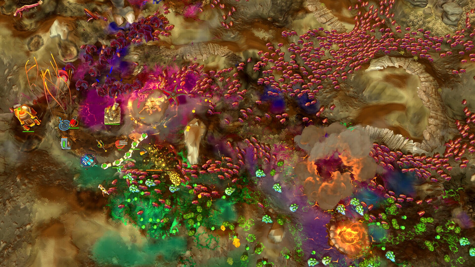 HD PC desktop wallpaper from the video game IDUN - Frontline Survival, depicting a vibrant, chaotic battlefield scene with numerous small creatures and colorful terrain.
