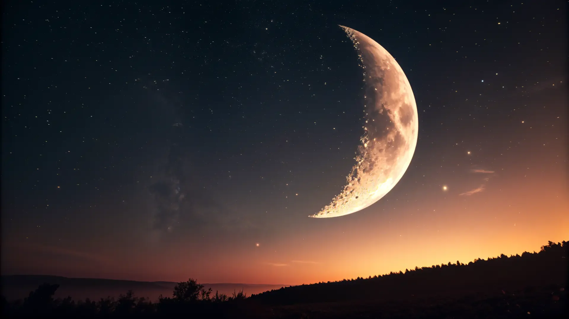 A stunning 4K Ultra HD image of a new moon illuminating the night sky, set against a backdrop of stars and a serene landscape.