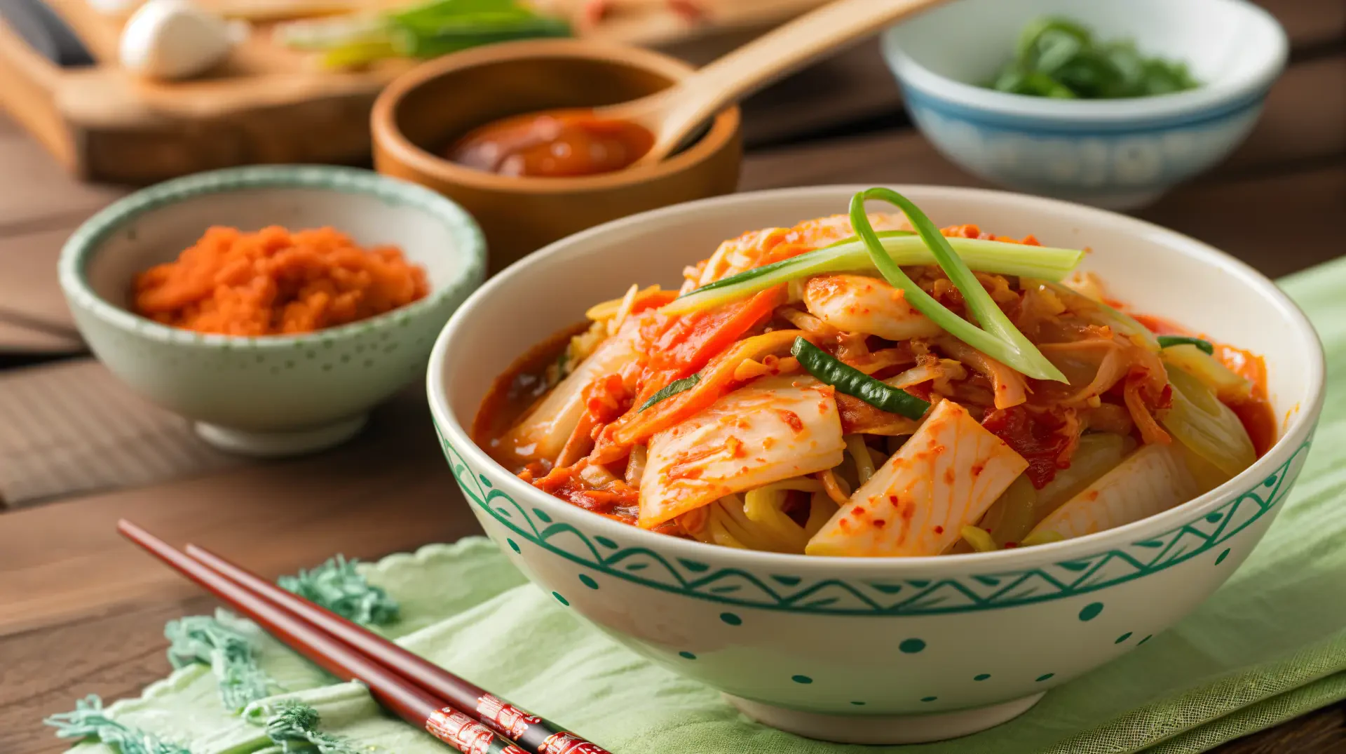A vibrant bowl of kimchi garnished with green onions, surrounded by bowls of chili paste and spices, set against a rustic wooden backdrop, showcasing a rich culinary tradition. 4K Ultra HD desktop wallpaper.