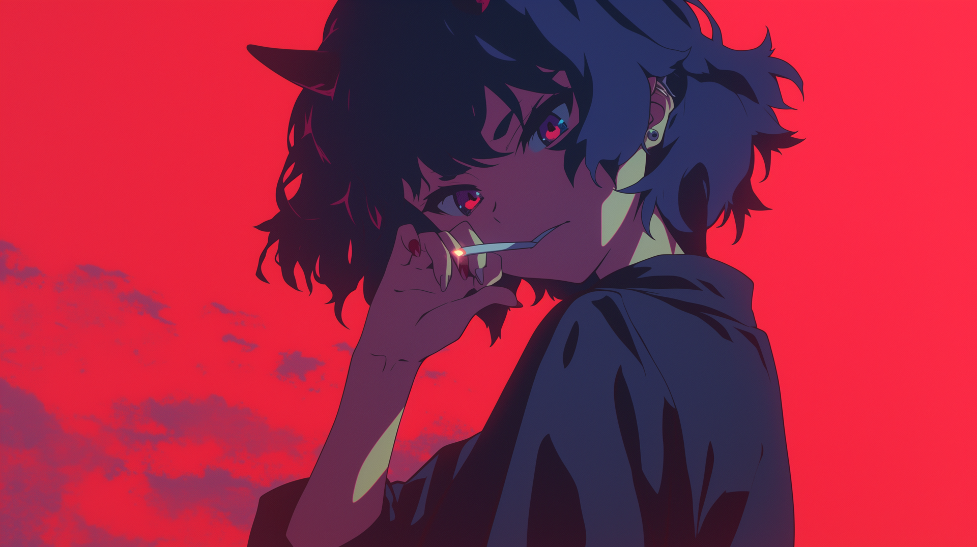 A striking anime girl with tousled hair and a mysterious expression poses against a vibrant red background, embodying a phonk aesthetic. High-definition desktop wallpaper.