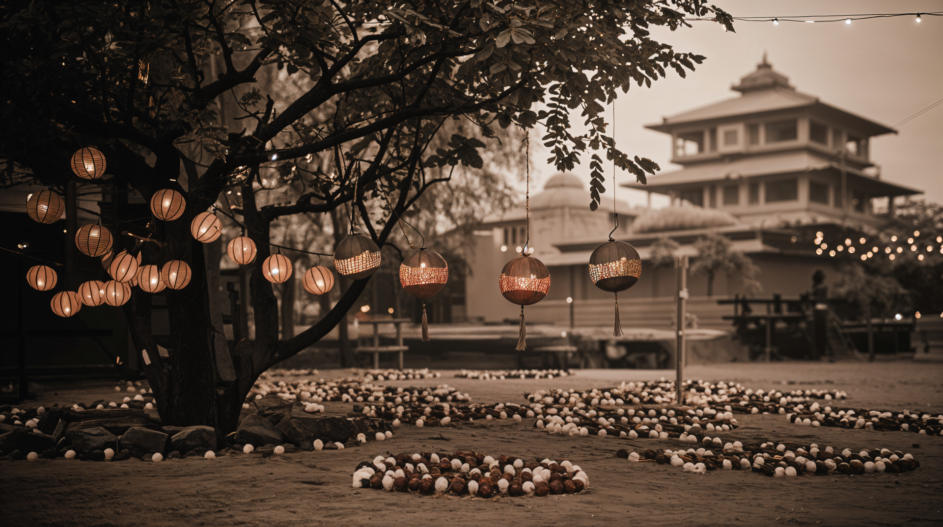 A serene Diwali scene featuring illuminated lanterns hanging from a tree, surrounded by flower arrangements and a traditional building in the background, captured in stunning 4K Ultra HD.