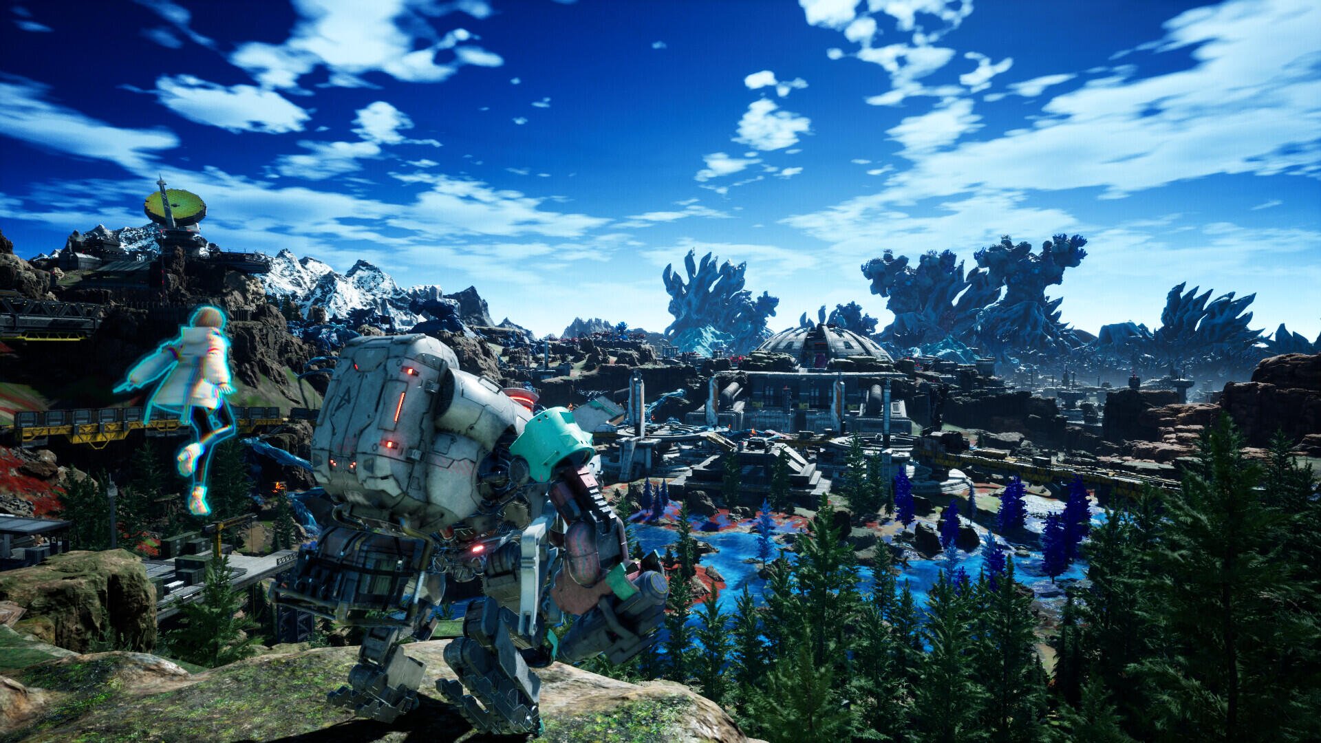 A vibrant HD wallpaper from the video game SYNDUALITY Echo of Ada, featuring a character in a mech suit overlooking a stunning, scenic landscape with a serene blue sky.