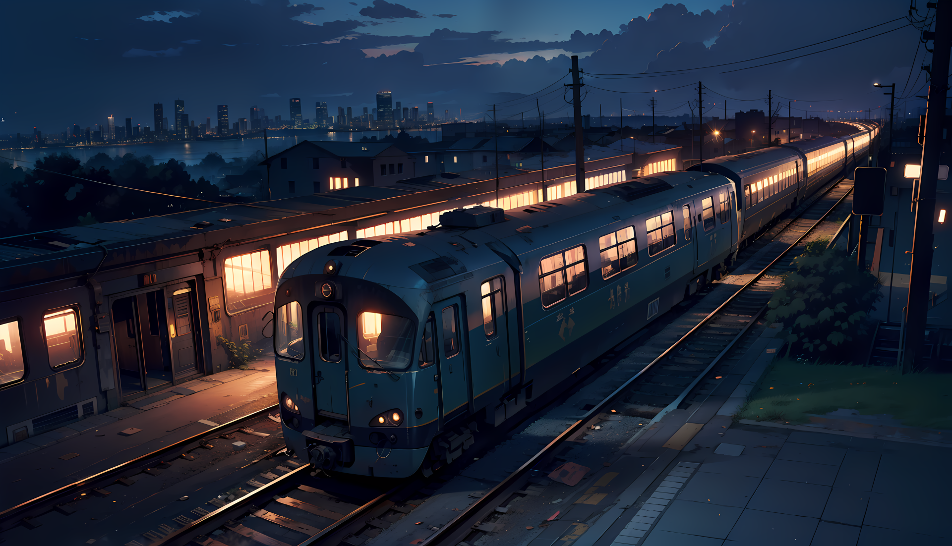 AI art anime-style nighttime train on a quiet platform, glowing windows and distant city skyline — 4K Ultra HD PC desktop wallpaper/background.