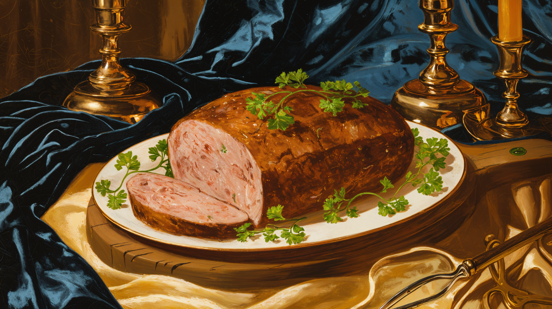 A beautifully presented meatloaf on a decorative plate, garnished with parsley, set against a luxurious blue fabric backdrop. This rich imagery serves as a stunning 4K Ultra HD desktop wallpaper.