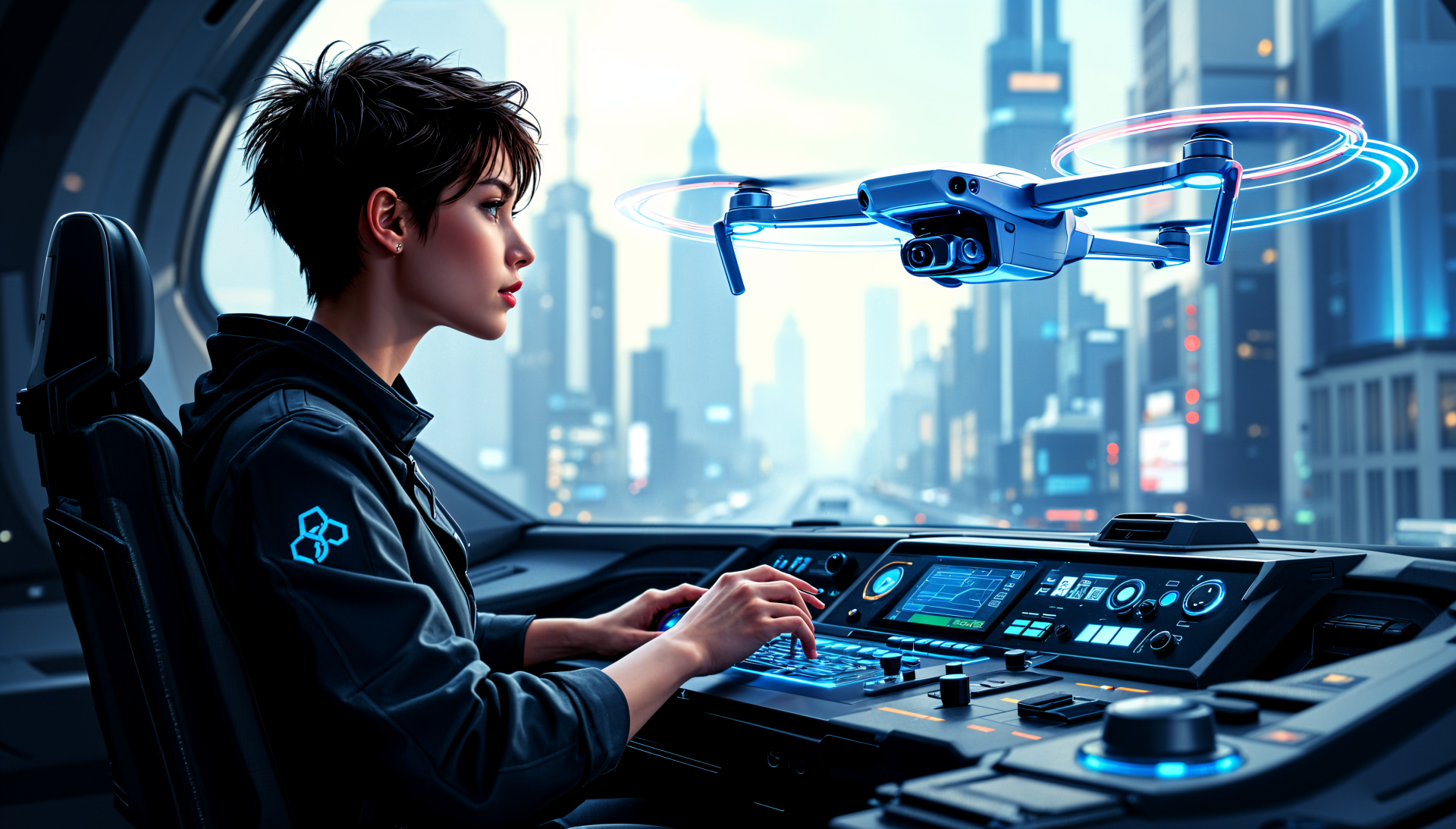 A drone operator controls a drone from a futuristic console, set against a vibrant city skyline, in this visually striking 4K Ultra HD desktop wallpaper.