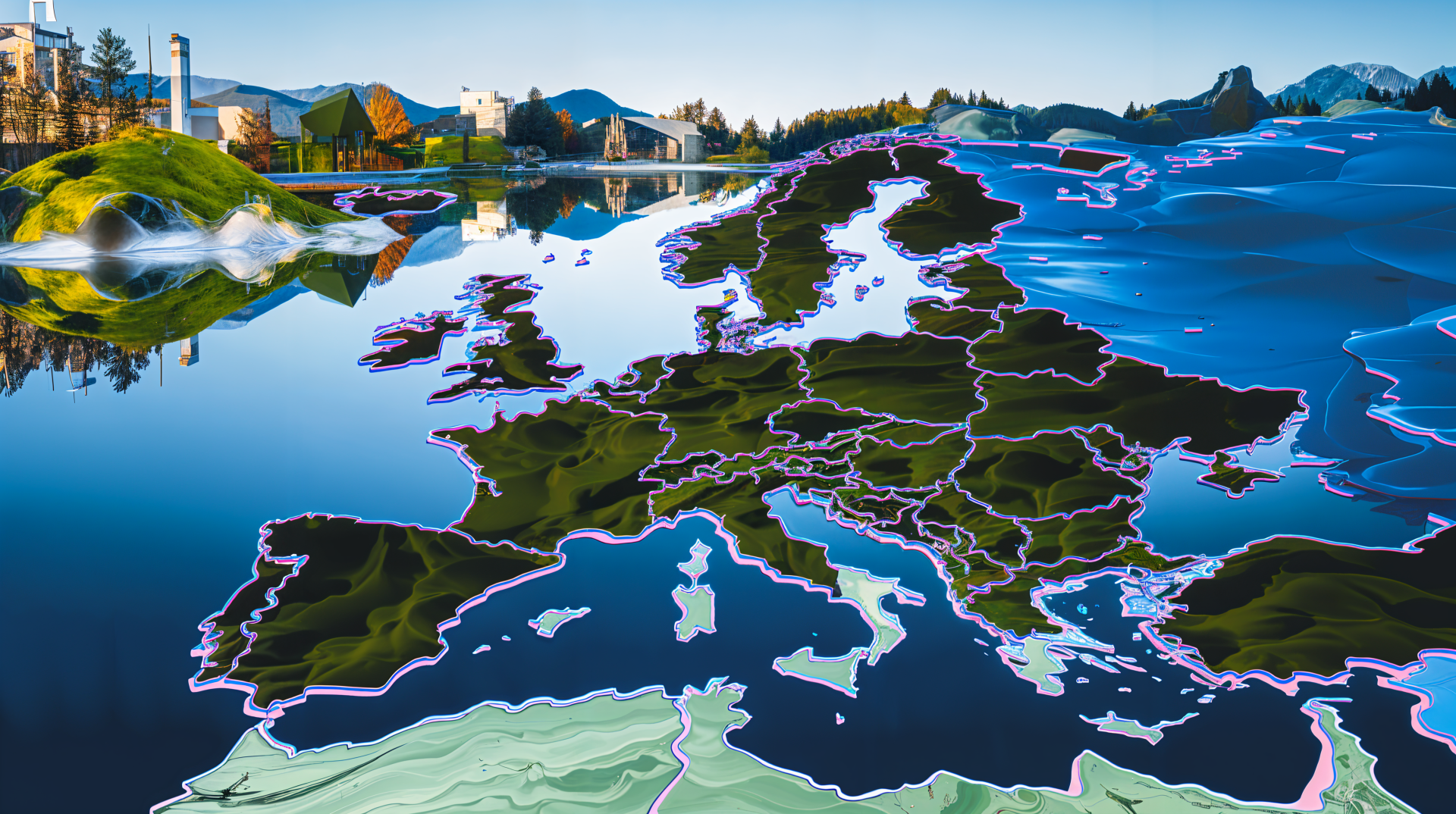 A vibrant 4K Ultra HD map of Europe, showcasing intricate borders and natural landscapes reflected in calm waters, designed as a desktop wallpaper and background.