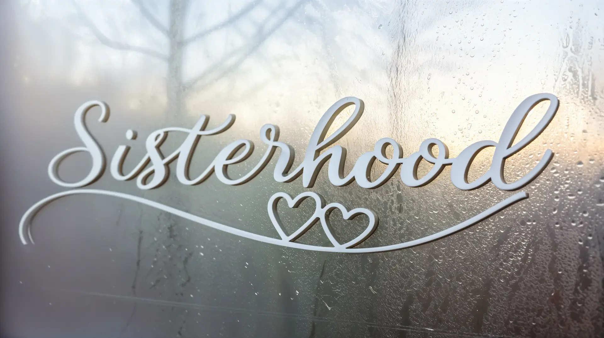 A close-up of the word Sisterhood elegantly scripted on a misty surface, with soft lighting in the background, creating a warm and inviting 4K Ultra HD wallpaper.