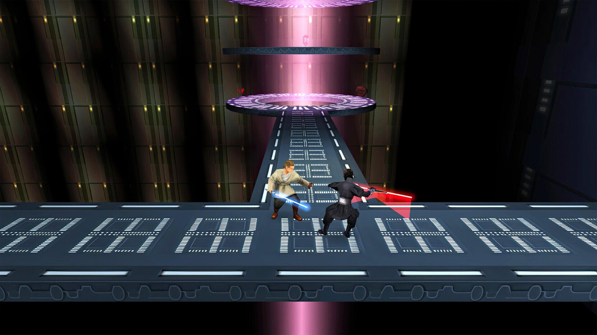 Action-packed scene from Star Wars Episode I: Jedi Power Battles featuring lightsaber combat on a futuristic platform, set against a striking HD backdrop.