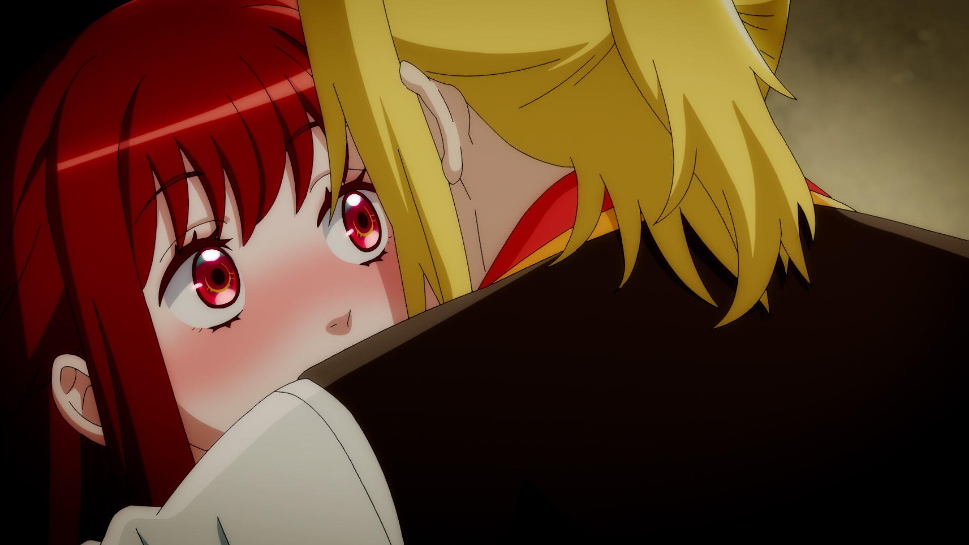 Anime-inspired HD wallpaper featuring characters from I Want to Escape from Princess Lessons, showcasing a close moment between two figures with vibrant red and blonde hair.